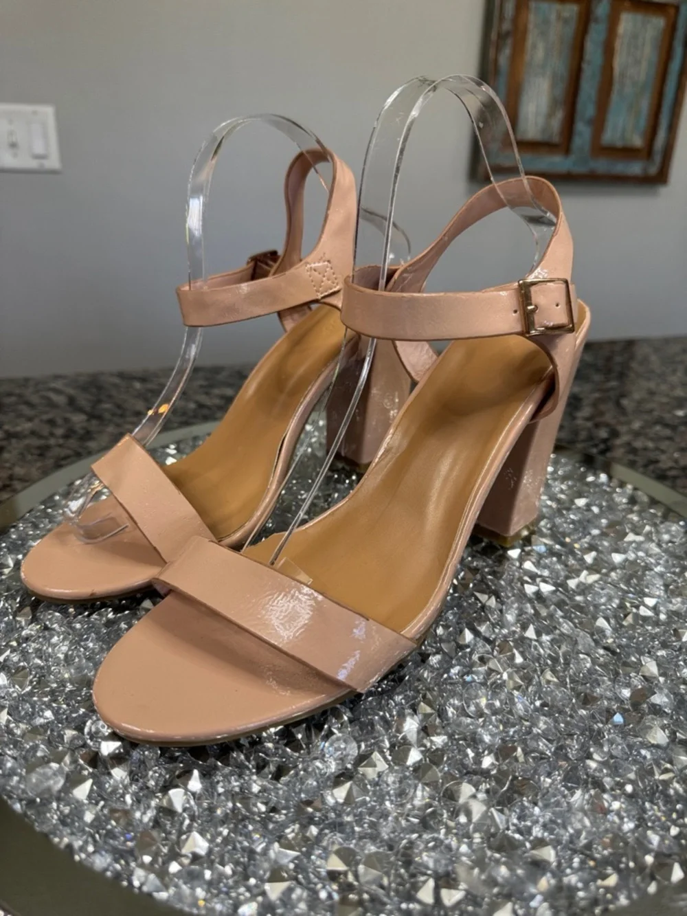 BAMBOO Nude Patent Block Heel Sandals 11